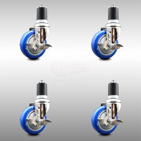 Service Caster 4 Inch 316SS Blue Poly Swivel 1-7/8 Inch Expanding Stem Caster Set Brake SCC SCC-SS316EX20S414-PPUBBLUE-TLB-178-4